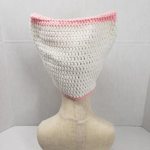 Cat Ear Beanie Crochet Hat White Pink Stripe Handmade Knit Kitty Soft Winter - Picture 8 of 16